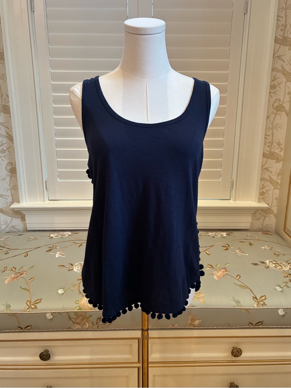Lilly Pulitzer McKee Women's Navy Blue Scoop Neck Pom-Pom Hem Tank Top